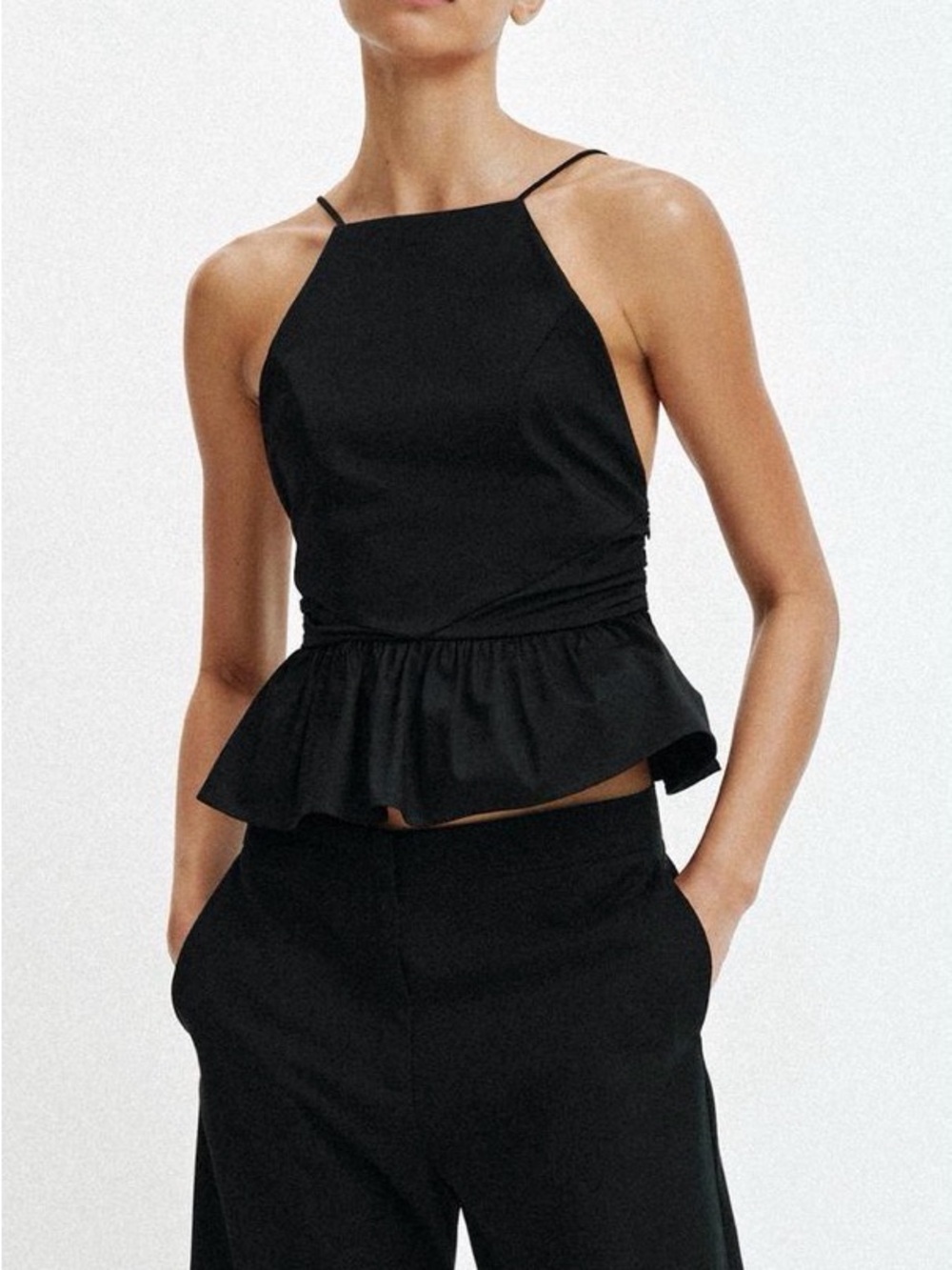 ZARA  halter top with thin straps. Open back tonal decorative covered buttons S